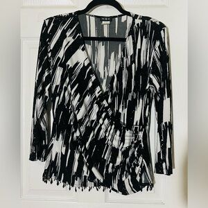 MSK Black and White Abstract Print Wrap Women's Top blouse whit beaded Trim Sz L